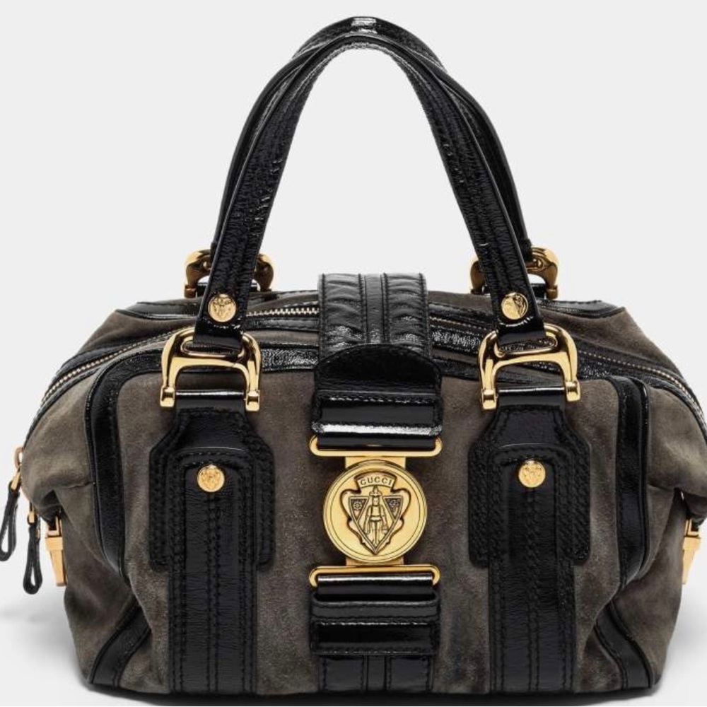 Gucci Grey/Black Suede and Patent Leather Medium Aviatrix Boston Bag